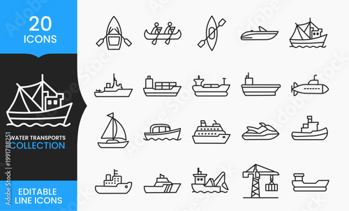 Water Transport Icon Set, Boat Ship Yacht Canoe Kayak Line Icons, Marine Transportation Vector Collection, Editable Outline Icons
