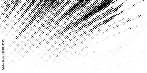 Abstract black and white halftone texture with diagonal streaks and scattered dots forming a dynamic, grunge-style pattern.