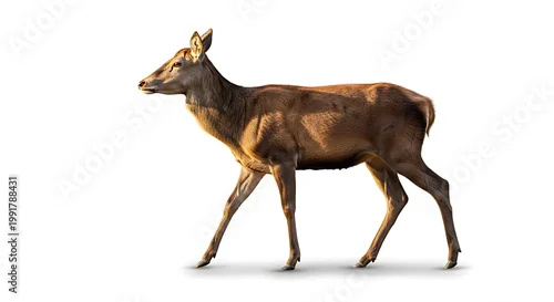 Fototapeta Deer walking on white background alone.