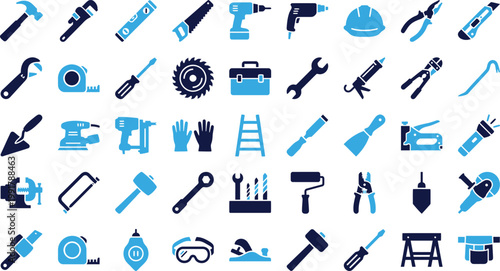 Assortment of construction tools and DIY equipment in flat design style for building projects.