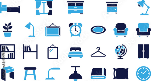 Variety of home furniture and decor items in simple flat icon style for modern living.