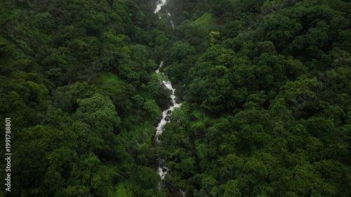 Moving Drone shot of a Huge explosive waterfall shot during heavy monsoon. Three tier waterfall. Tallest waterfall in India. Drone clip 4K60