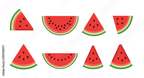 A refreshing assortment of eight watermelon slices including various wedges and half-moon shapes is neatly arranged in two rows against a white background.
