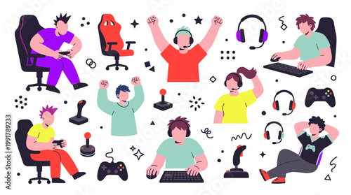 Diverse group of gamers enjoying video games on computers and consoles with headsets and controllers in a colorful illustration
