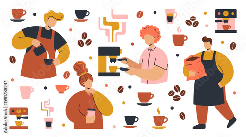 Baristas preparing coffee drinks with espresso machines and coffee beans in a vibrant flat illustration style