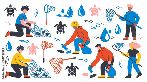 Diverse people cleaning ocean plastic pollution and rescuing sea turtles environmental protection volunteers collecting trash from water