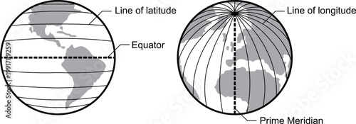 Grayscale Earth Latitude and Longitude Diagram with Labels Vector Illustration