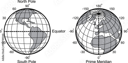 Grayscale Geographic Coordinate System Earth Globes Vector Illustration
