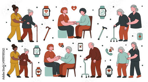 Elderly care assistance with technology smartwatches and mobile phones for seniors health monitoring and support