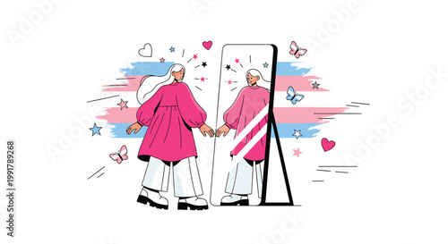 LGBTQ+, transgender, pride, illustration, vector graphic, pink, blue, hearts, butterflies, equality, self-love, acceptance