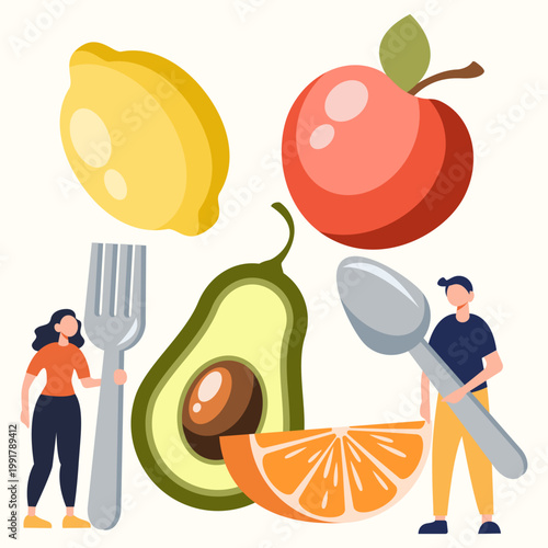  Vibrant vector illustration dedicated to proper nutrition. Tiny characters with a spoon and fork stand next to huge avocado, apple, lemon, and orange. Ideal for weight loss blogs, veganism, recipes, 