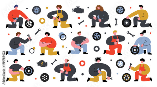 Diverse mechanics team working on car parts and engines with tools in a workshop setting, illustrating teamwork and automotive repair services