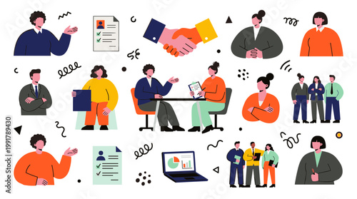 business meeting and interview concept with diverse professionals shaking hands discussing careers and job opportunities in modern office setting