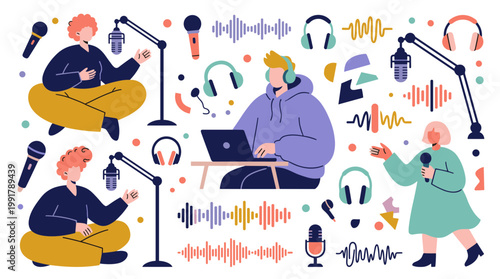 Podcast recording setup with people microphones headphones and sound waves illustration for audio content creation and broadcasting