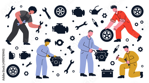 Car repair service mechanics working on auto engine parts and vehicle tires in a workshop setting with tools and equipment