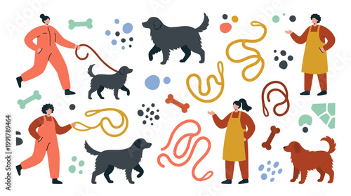 Happy dog walkers with leashes and bones, playful pets enjoying outdoor activities, vibrant illustration of animal care and companionship