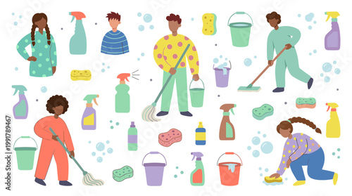 Diverse people cleaning home with mops buckets and sprays promoting hygiene and household chores concept illustration