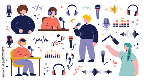 Diverse people recording podcasts with microphones and headphones, illustrating audio content creation and broadcasting for online media