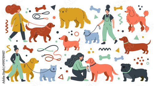 Diverse group of people walking and caring for various dog breeds in a playful flat illustration style with colorful elements