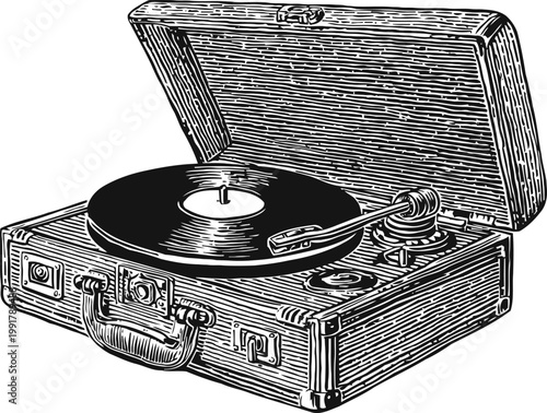 Vintage portable record player with vinyl disc and tonearm in detailed engraving