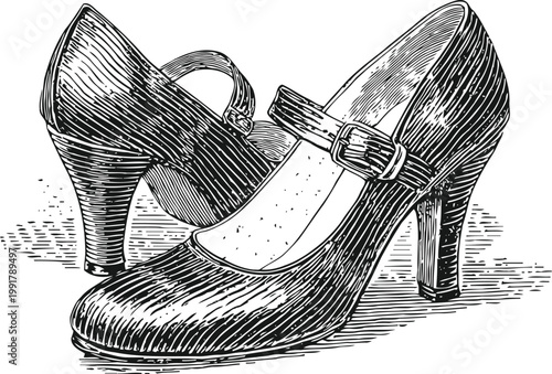 Vintage women's mary jane high heel shoes with buckle strap, classic footwear illustration