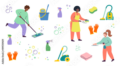 Diverse people cleaning home interiors with various tools like mops vacuum cleaners and sprays promoting hygiene and tidiness in a bright setting