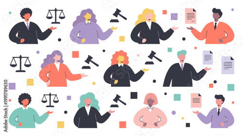 Diverse group of legal professionals in a courtroom setting with symbols of justice and law, representing fairness and equality in the legal system