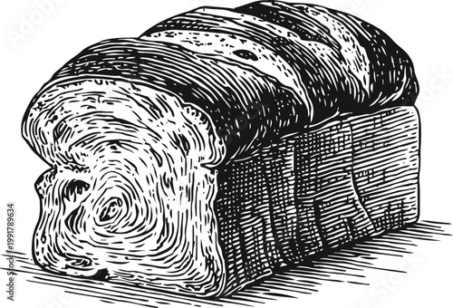 Loaf of bread with a sliced end detailed black line art drawing of bakery staple food