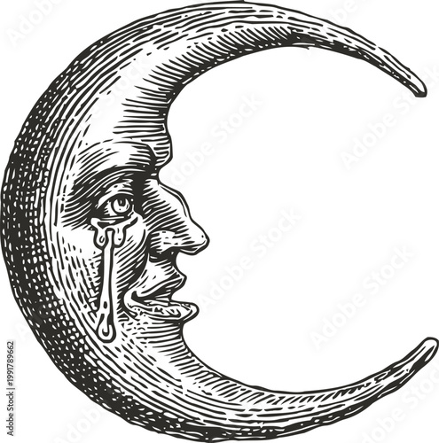 Crescent moon with human face crying a single tear vintage mystical celestial tattoo design