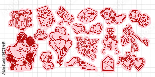 Love doodle sticker set, Valentine day cute hand drawn whimsical illustration, pink romantic print. creative icon, heart, cherub, wedding ribbon bow. Bachelorette party love