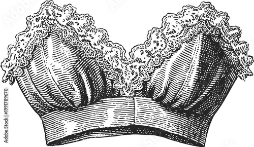 Vintage lace bralette illustration detailed black and white lingerie drawing with ruffled edges and textured fabric design