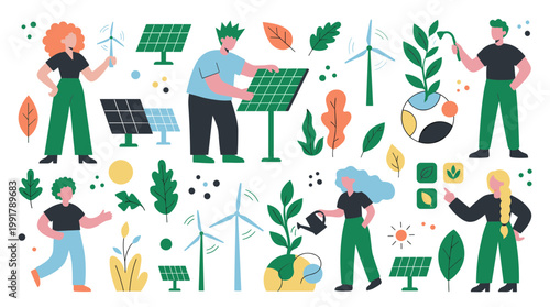 Diverse people engaged in sustainable energy practices like solar and wind power, promoting eco friendly lifestyle and environmental awareness with plants and nature elements