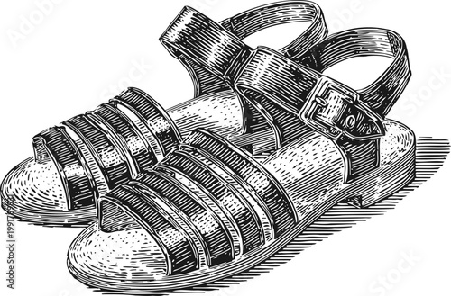 Black and white vintage illustration of classic leather sandals with buckle straps and flat sole