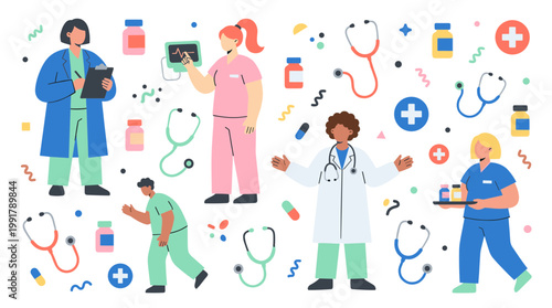 Diverse medical professionals in scrubs and lab coats with medical equipment and supplies, representing healthcare and medicine