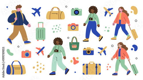 Diverse group of travelers with luggage cameras and airplanes enjoying a vibrant journey and vacation adventure