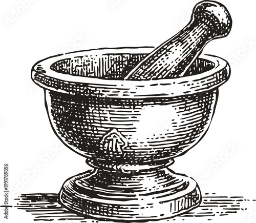 Vintage mortar and pestle illustration traditional kitchen tool for grinding and crushing herbs and spices