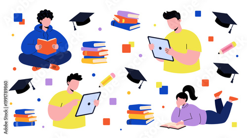 Diverse students engaged in learning and reading with books and digital devices, symbolizing education and modern study methods