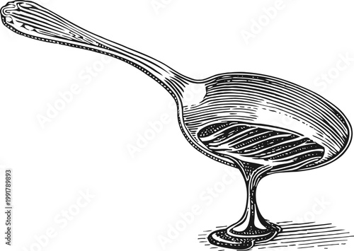 Vintage wooden spoon with honey dripping hand drawn kitchen utensil pouring syrup illustration
