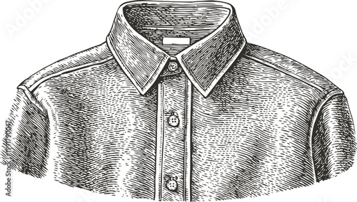 Detailed black and white sketch of a classic collared shirt with buttons and textured fabric