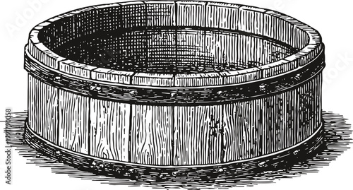 Vintage wooden tub illustration round rustic container with detailed wood texture and metal bands
