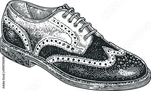 Classic men's oxford shoe illustration, vintage formal leather footwear detailed engraving