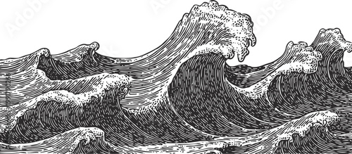 detailed hand drawn ocean waves crashing with foam in vintage illustration