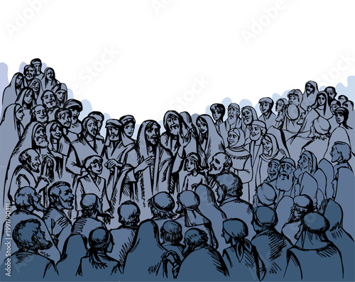 Vector drawing. People listening a speaker