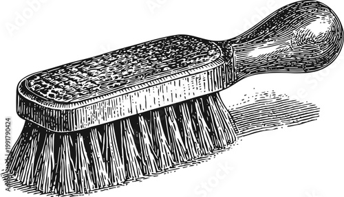 Vintage wooden brush with stiff bristles, detailed hand drawn cleaning tool illustration