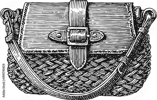 wicker handbag with leather flap and buckle closure, vintage detailed illustration