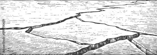 woodcut cracked earth ground with deep fissures and textured shading