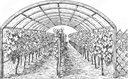 Grape vineyard inside arched trellis with grapevines growing on support rows in garden structure