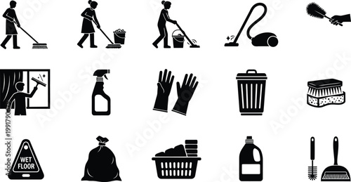 Comprehensive collection of cleaning tools and safety symbols for household maintenance Vector