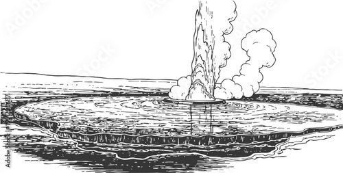 volcanic eruption on island illustration with smoke and lava flow