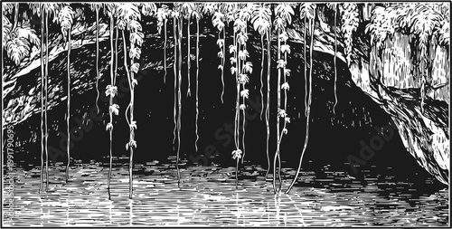 black and white illustration of a cave entrance with hanging vines over reflective water inside
